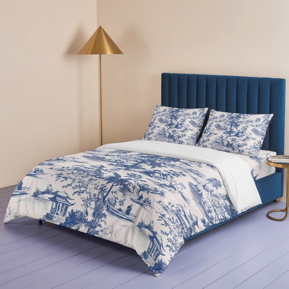 Blue Chinoiserie Garden Pavilion Queen Size Bed Set,Asian Scenic Hill Boat Plant Bedding for All Seasons,4 Pcs Bed Set,1 Quiltcover (90"x90"),1 Sheet (90"x102"),2 Pillowcases (20"x30")