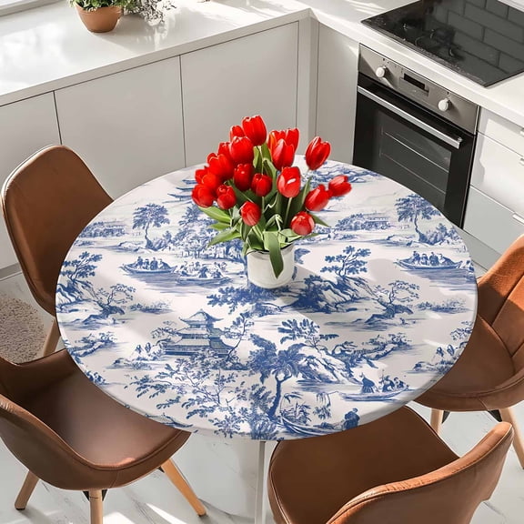 Blue Chinoiserie Garden Pavilion Round Fitted Tablecloth with Elastic Edge,Waterproof Table Cloth Fits 36"-44",Wipeable Table Cover for Indoor Outdoor Dinning,Asian Scenic Hill Boat Plant
