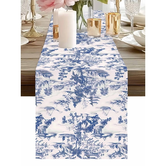 Blue Chinoiserie Garden Pavilion Table Runner-36 Inch Long Asian Scenic Hill Boat Plant Table Runners Linen Burlap Tablerunner for Kitchen Dining Room Holiday Party