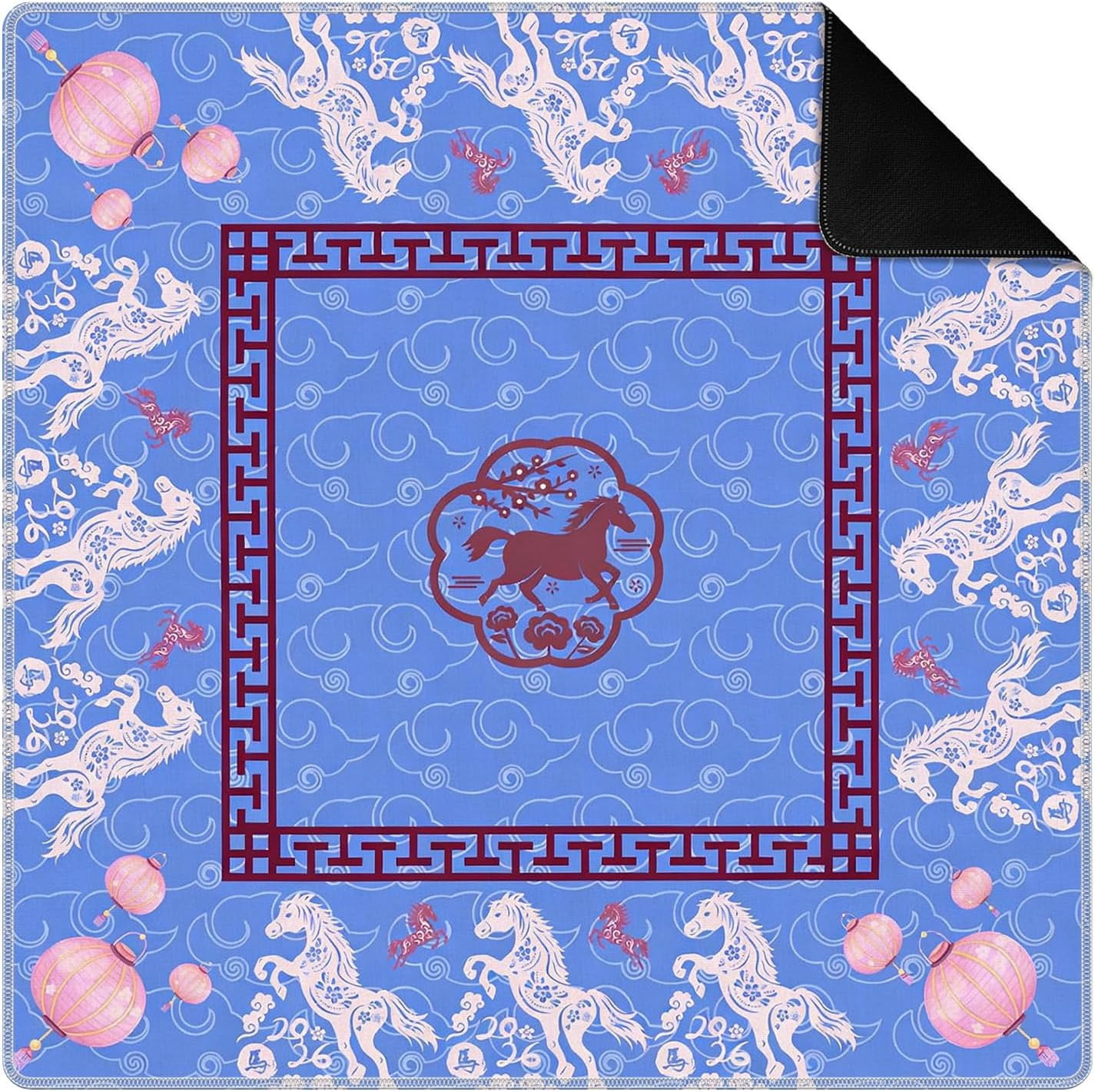 Blue Chinoiserie Horse Lantern Mahjong Mat for Table 31.5 x 31.5 in, Blue and Red Traditional Oriental Horse Non-Slip Noise Reduction Game Table Cover for American Mahjong Card Board Tile Games