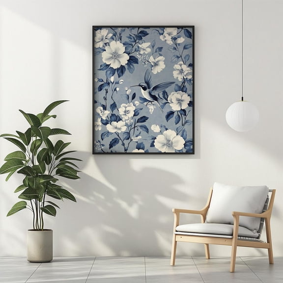Blue Chinoiserie Hummingbird Wall Art Print, Vintage Pattern Decor
