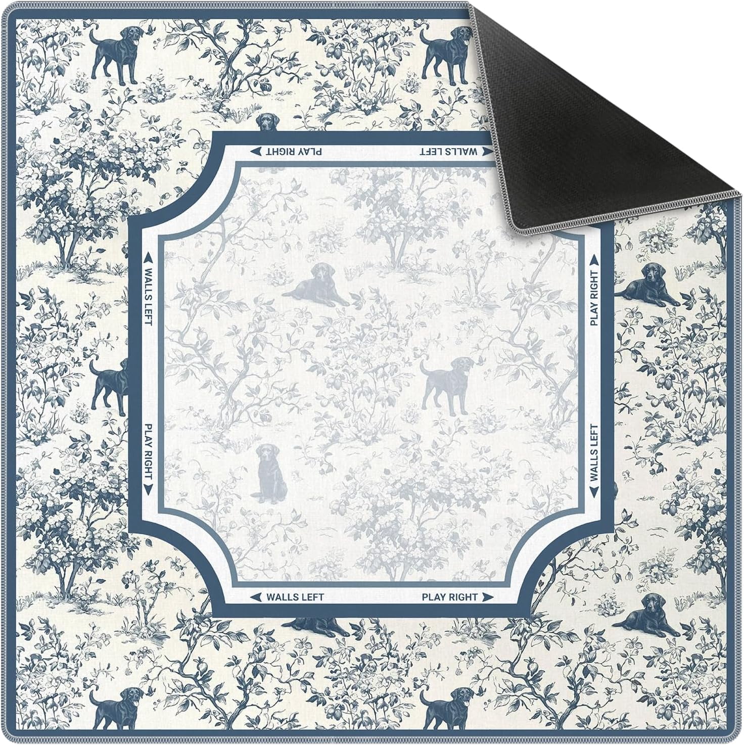 Blue Chinoiserie Labrador Mahjong Mat 31.5 x 31.5 Inch, French Country Toile Black Lab Non-Slip Noise Reduction Mahjong Table Mat for American Mah Jong Poker Card Board Games Dominoes