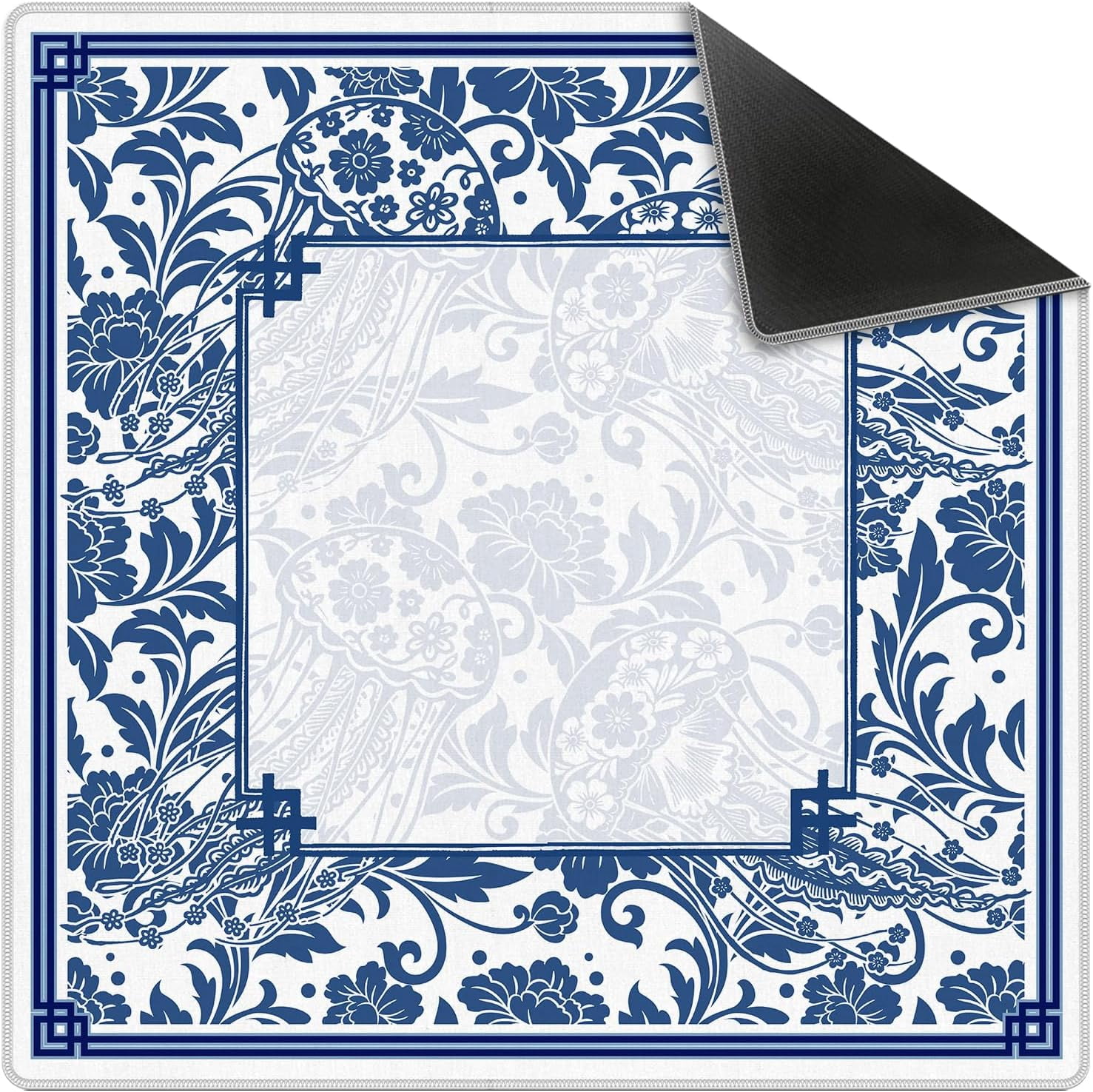 Blue Chinoiserie Mahjong Mat 31.5" x 31.5", Vintage Blue Floral Non-Slip Noise Reduction Mahjong Table Cover Accessories and Supplies for Dominoes Poker Card Board and Tile Games Gifts