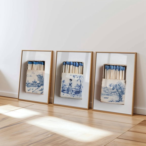 Blue Chinoiserie Matchbox Print Set Toile Digital Poster Set 3