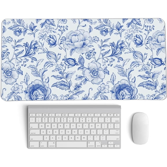 Blue Chinoiserie Mouse Pad,Blue and White Floral Desk Mat, Large Floral Preppy Trendy Mouse Pad,Girly Gaming Mousepad,Girly Laptop Desk Mat for Dorm Home Office Decor,23.6x11.8 Inch