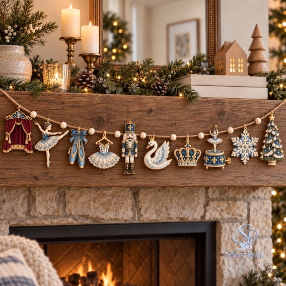 Blue Chinoiserie Nutcracker Ballet Wooden Ornament Garland, Mantel Hanging for Christmas