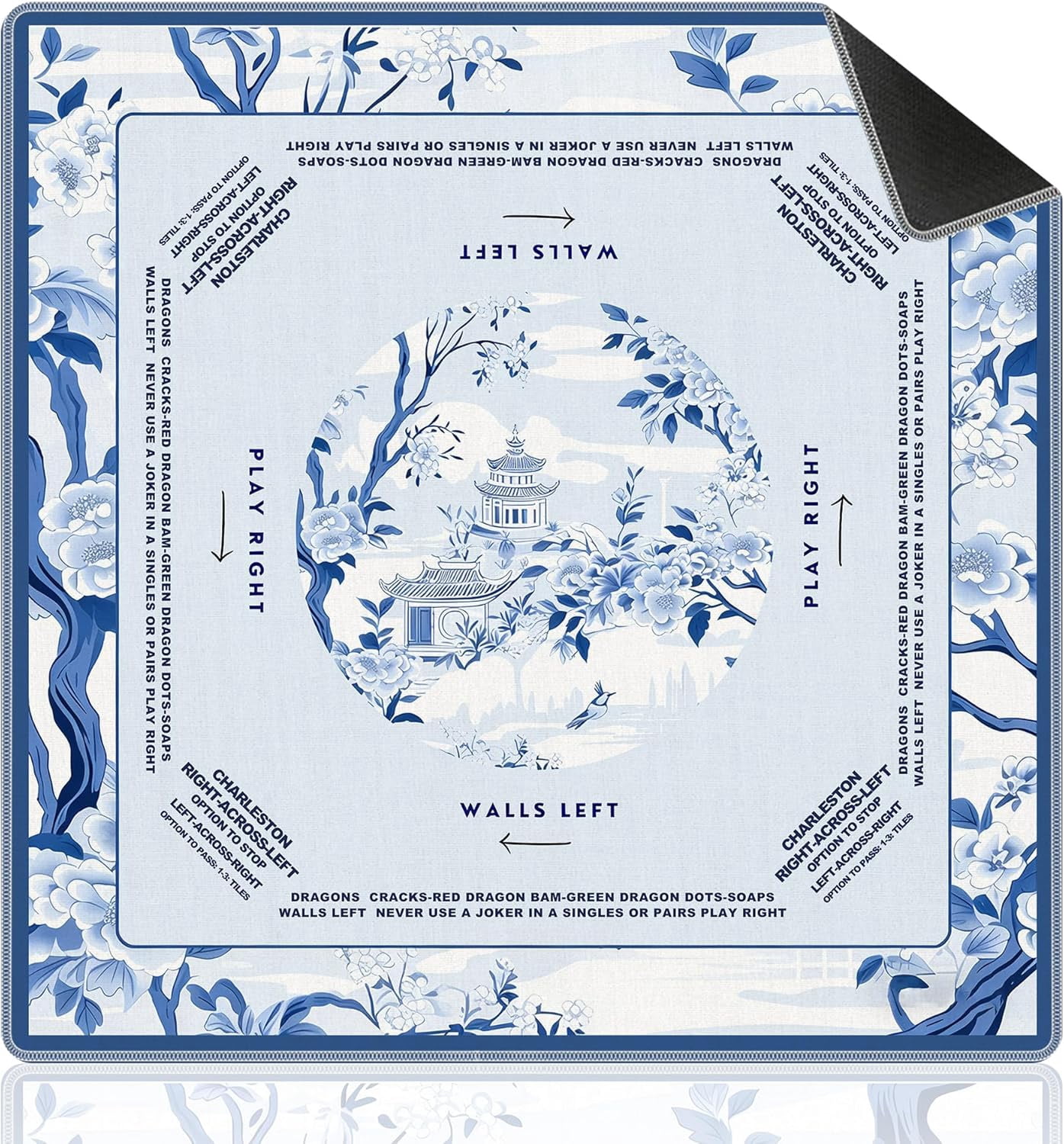 Blue Chinoiserie Pavilion Mahjong Mat with Rules for Table 31.5x31.5, Traditional Chinese Non-Slip Noise Reduction Mahjong Table Mat for Poker Board Games Card Games Dominoes, Chinoiserie Decor