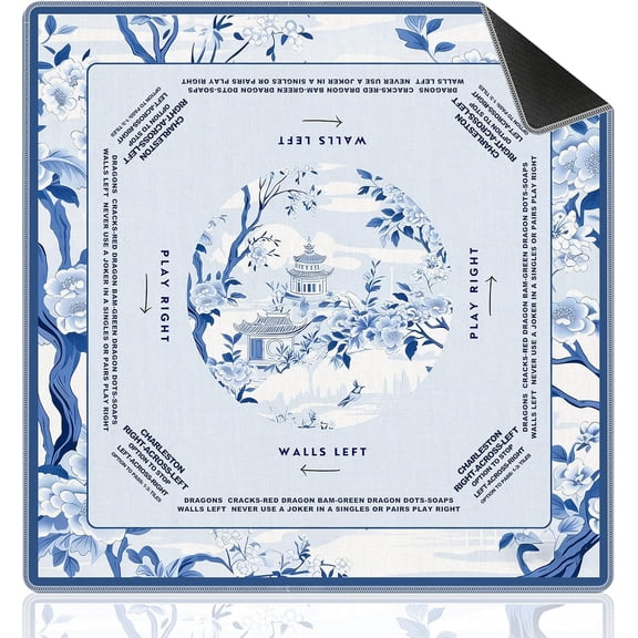Blue Chinoiserie Pavilion Mahjong Mat with Rules for Table 31.5x31.5, Traditional Chinese Non-Slip Noise Reduction Mahjong Table Mat for Poker Board Games Card Games Dominoes, Chinoiserie Decor