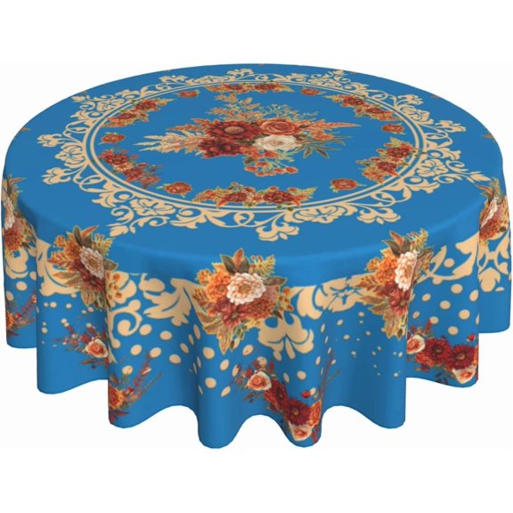Blue Chinoiserie Round Tablecloths 60 Inches Colorful Floral Leaf Decorative Round Tablecloths Home Decoration Washable Reusable Circle Flower Table Cover for Home Kitchen Dining Room Party