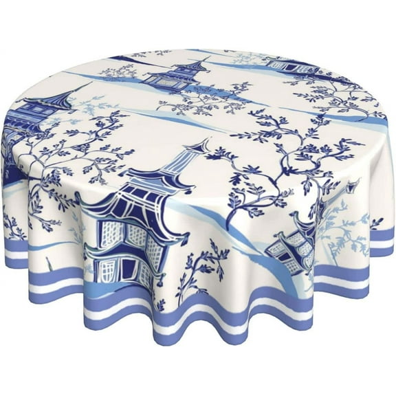 Blue Chinoiserie Temple Tablecloth Round Oriental Style Chinese Blue Willow Table Cloth Cover Mat Washable Polyester 60 inch Dining Decorative for Holiday Home Party Wedding Picnic