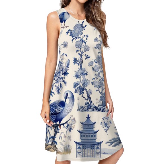 Blue Chinoiserie Toile Beautiful Bird Dress Loose Women'S Dress Beach Dresses With Pockets Dresses For Womens