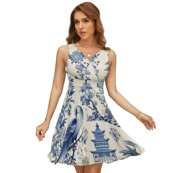 Blue Chinoiserie Toile Beautiful Bird Sundress Sleeveless Dress Summer Women Clothes Dress for Women Dresses