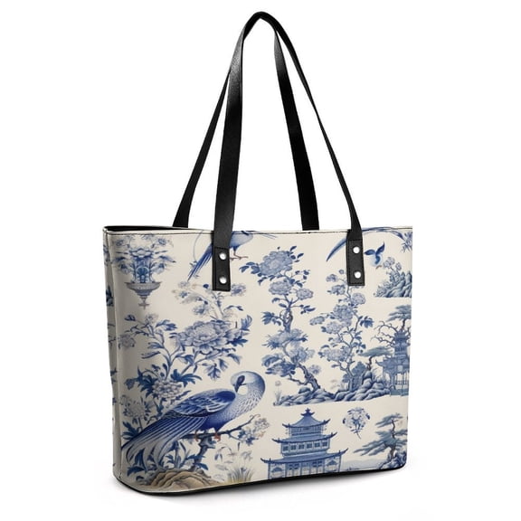 Blue Chinoiserie Toile Beautiful Bird Woman Leather Handbags Large Tote Bag Fashion Portable Handbags With Zipper