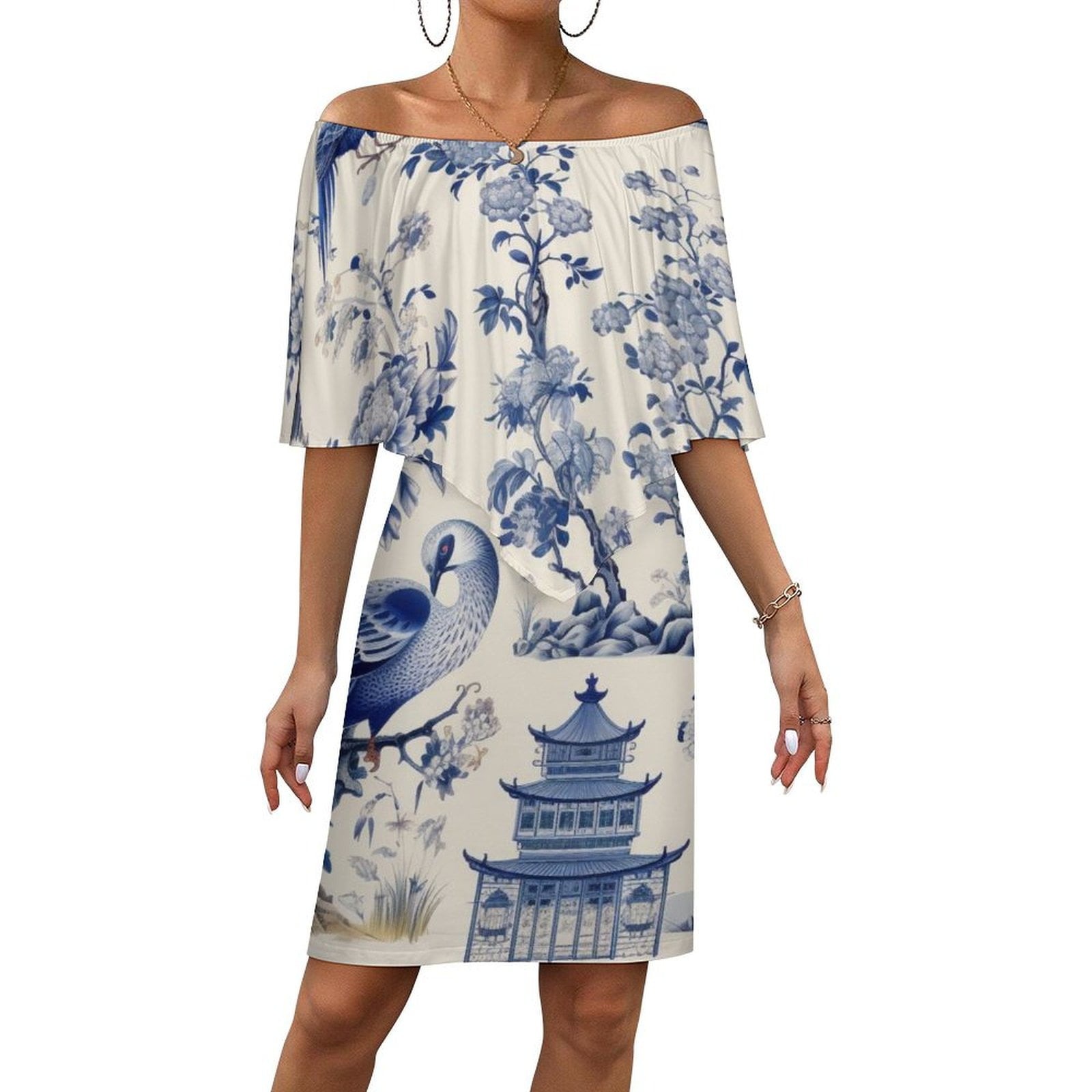 Miss Chase Women's Navy Blue Off-Shoulder Top | Sleeveless Bardot Style With Pearl Ruffled Detail