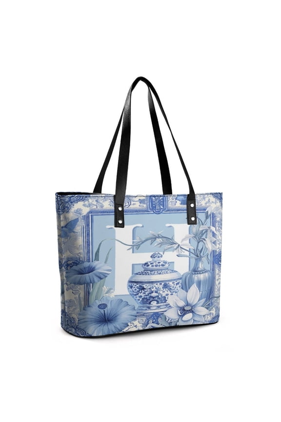 Blue Chinoiserie Toile Blue Chinoiserie Toile Woman Leather Handbags Large Tote Bag Fashion Portable Handbags With Zipper