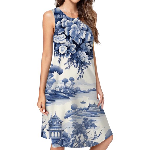 Blue Chinoiserie Toile Bridge Casual Sleeveless Loose Sundress Dress For Women Summer Dress Daily Woman