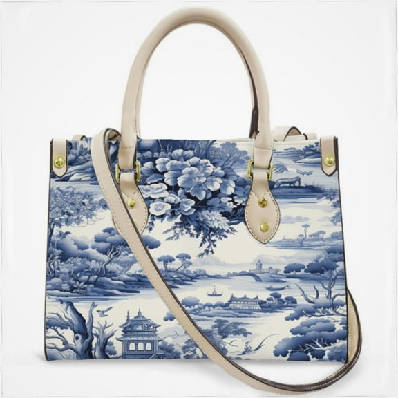 Blue Chinoiserie Toile Bridge Cross Body Bags For Women Small Leather Female Handbags Fashion Top-Handle Totes
