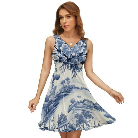 Blue Chinoiserie Toile Bridge Dress Summer Street Style Dresses Female Sleeveless Printed Sundress