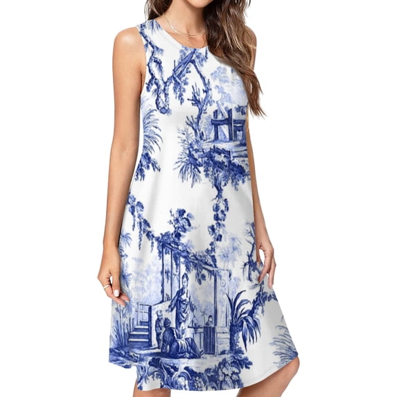Blue Chinoiserie Toile Casual Sleeveless Loose Sundress Dress For Women Summer Dress Daily Woman