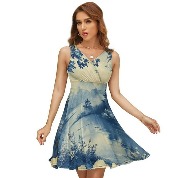 Blue Chinoiserie Toile Dress Fashion Beach Long Dresses Female Party Printed Sundress