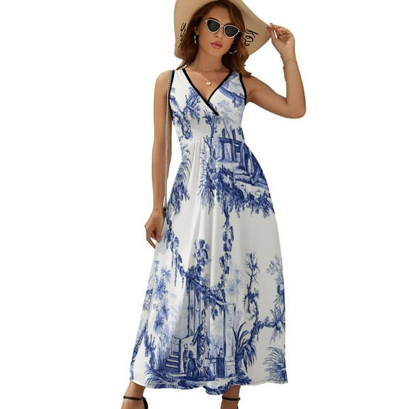 Blue Chinoiserie Toile Dress Fashion Boho Beach Long Dresses Female Party Printed Maxi Dress