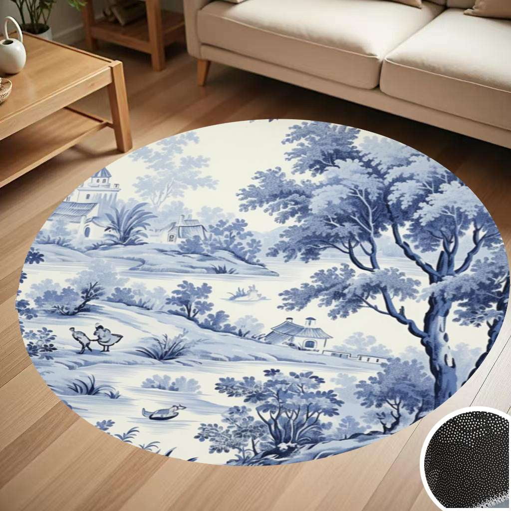 Blue Chinoiserie Toile Farming Round Carpet Living Room Bedroom Home ...