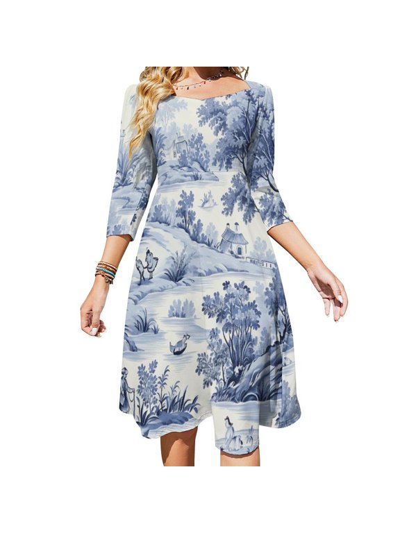 Blue Chinoiserie Toile Farming Women's Fall Dresses Casual Loose Flowy Swing Shift Dress