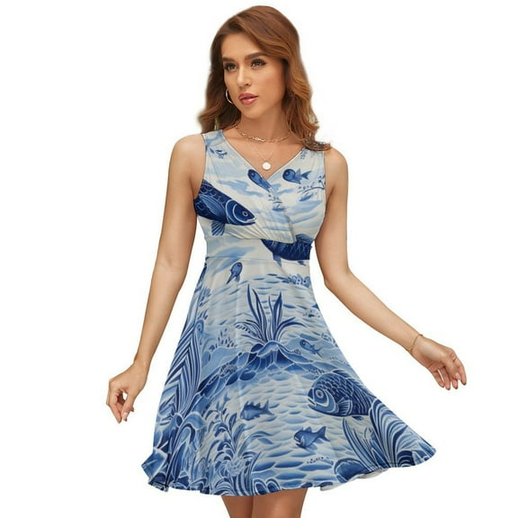 Blue Chinoiserie Toile Fish Dress Summer Street Style Dresses Female Sleeveless Printed Sundress