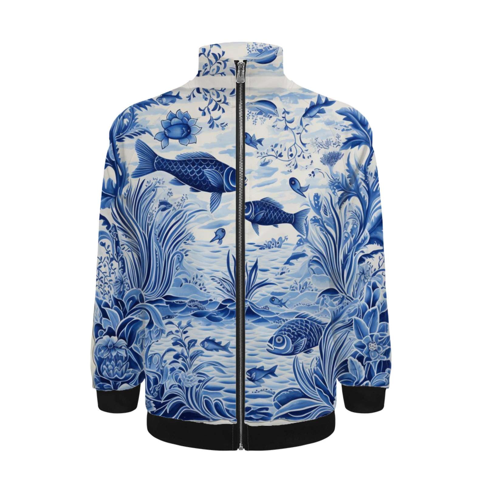Blue Chinoiserie Toile Fish Jacket Men's Street Cool Long Sleeves Coat ...