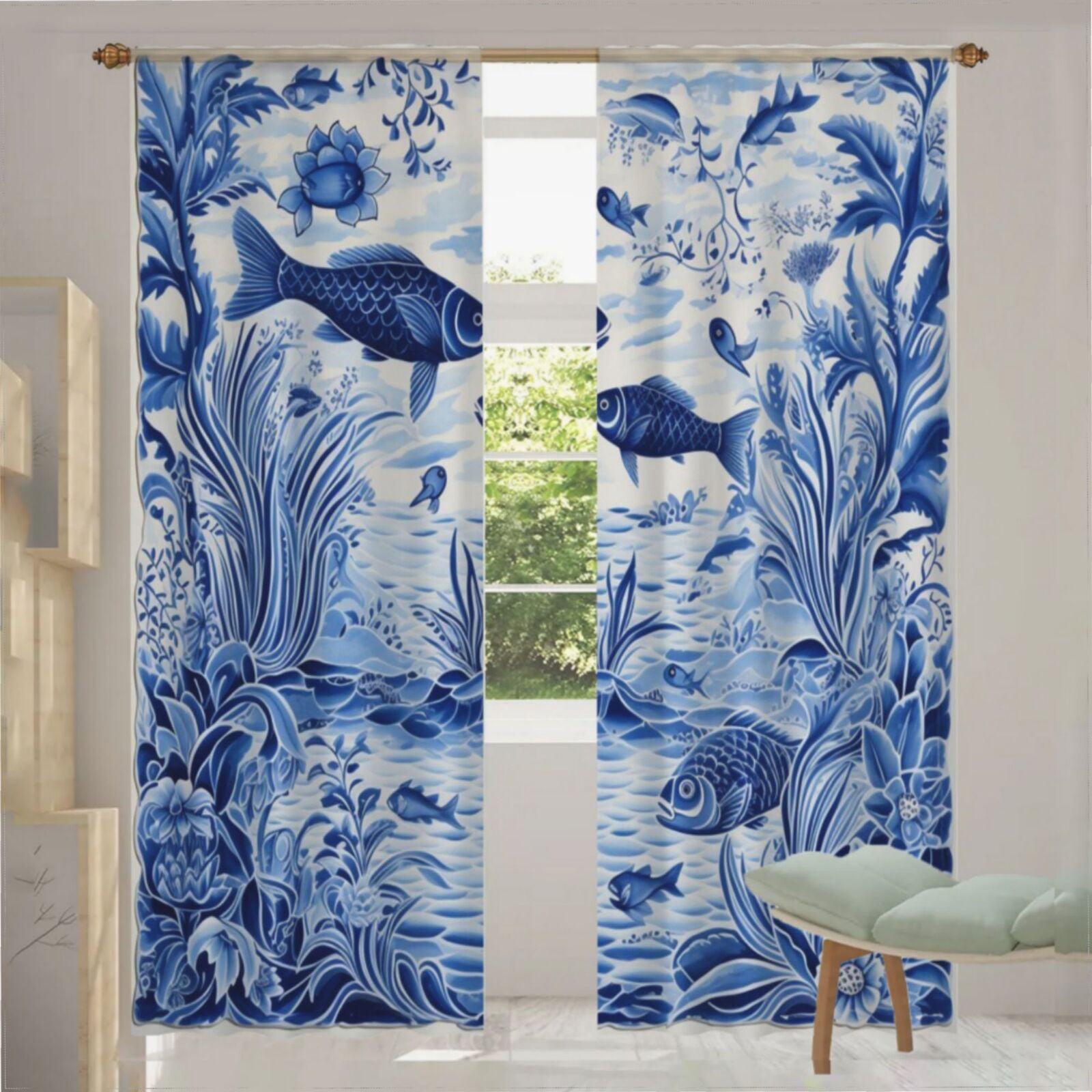 Blue Chinoiserie Toile Fish Tulle Sheer Window Curtains For Living Room