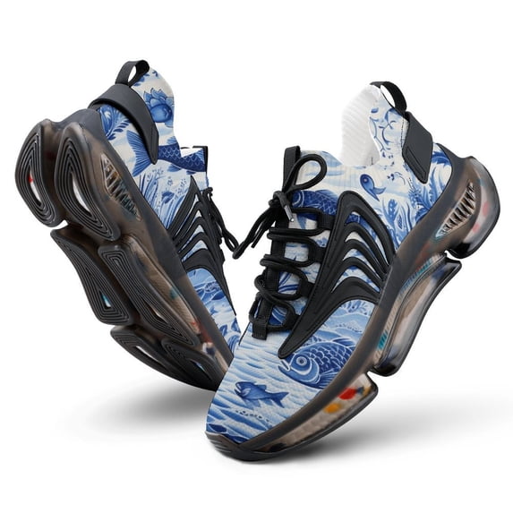 Blue Chinoiserie Toile Fish Walking Shoes for Men Woman Lightweight Tennis Fashion Elastic Sports Shoes Cushion Basketball Shoes