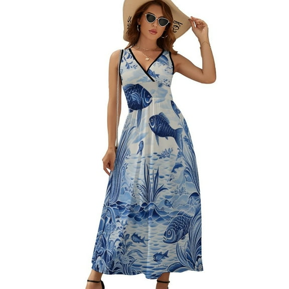 Blue Chinoiserie Toile Fish Womens Night Club Maxi Dress V Neck Sleeveless Bohemia Long Dresses