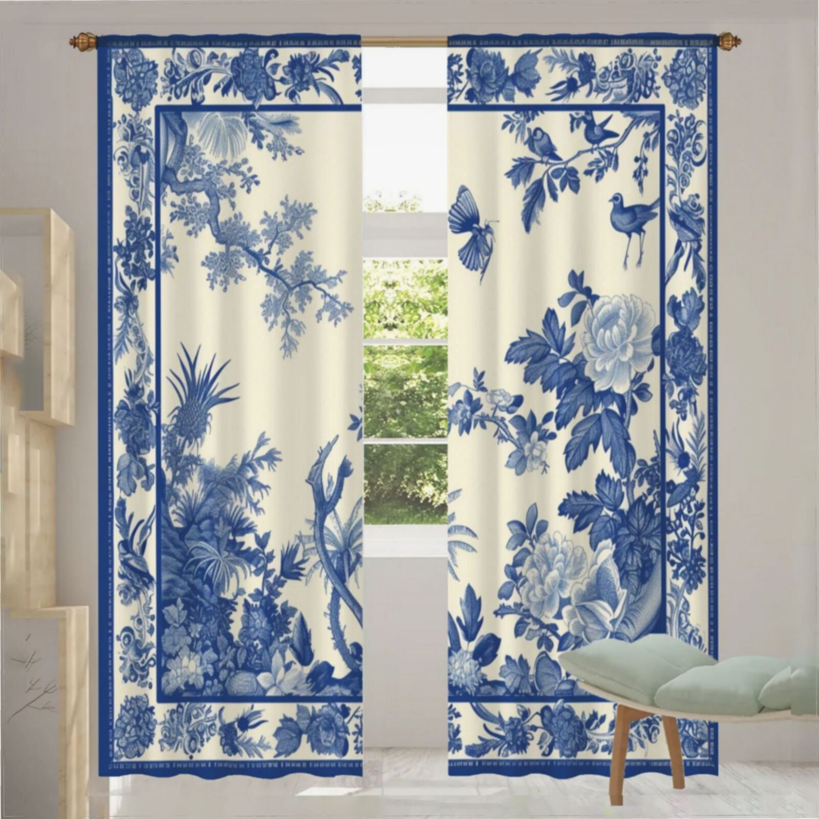 Blue Chinoiserie Toile Flowers Butterfly Bird Sheer Window Curtains for