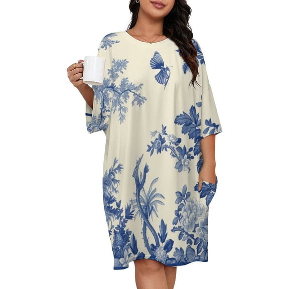 Blue Chinoiserie Toile Flowers Butterfly Bird Sleepshirts For Sleeping Travels Loose Sleepdress Pajama Dress Soft Nightdress Sleepwear