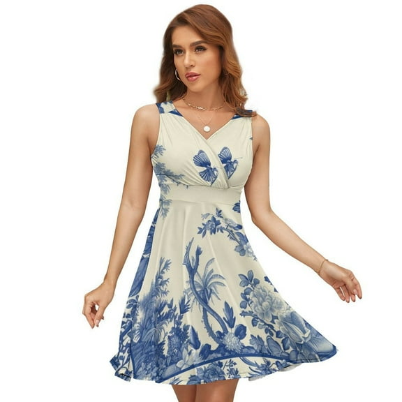 Blue Chinoiserie Toile Flowers Butterfly Bird Sleeveless Dress Women Summer Evening Dresses Ladies Sundress