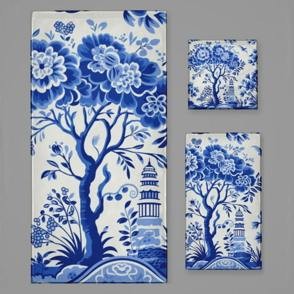 Blue Chinoiserie Toile Flowers Tree Birds Bath Towel Sets For Bathroom Hand Towels Fingertip Towels 3 Piece Soft Absorbent For Bathroom Kitchen Hotel Beach