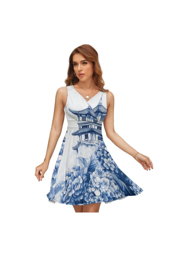 Blue Chinoiserie Toile Hydrangea Dress Summer Street Style Dresses Female Sleeveless Printed Sundress