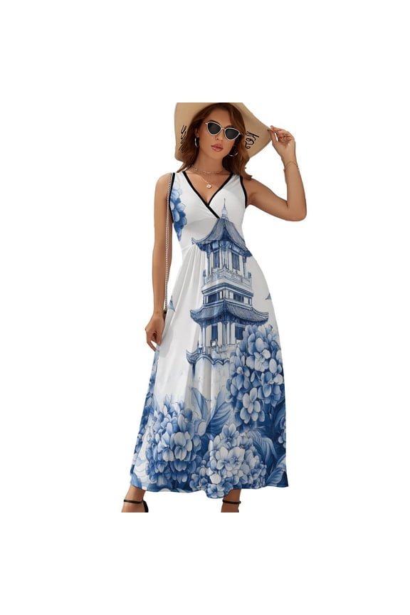 Blue Chinoiserie Toile Hydrangea Sleeveless Dress Summer Women Clothes Dress for Pregnant Women Dresses