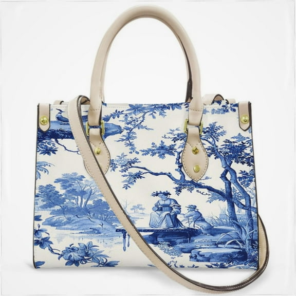 Blue Chinoiserie Toile Lady Cross Body Bags For Women Small Leather Female Handbags Fashion Top-Handle Totes