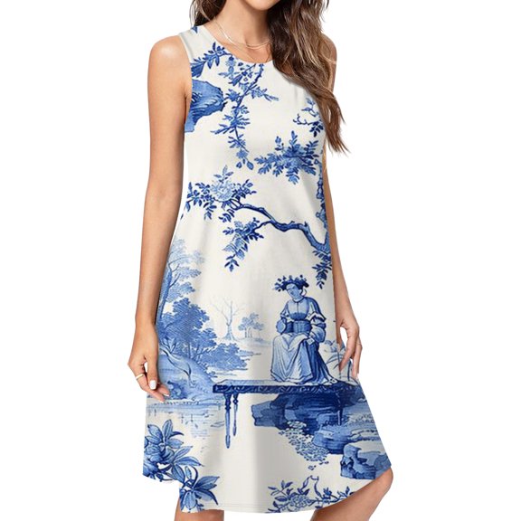 Blue Chinoiserie Toile Lady Dress Loose Women'S Dress Beach Dresses With Pockets Dresses For Womens