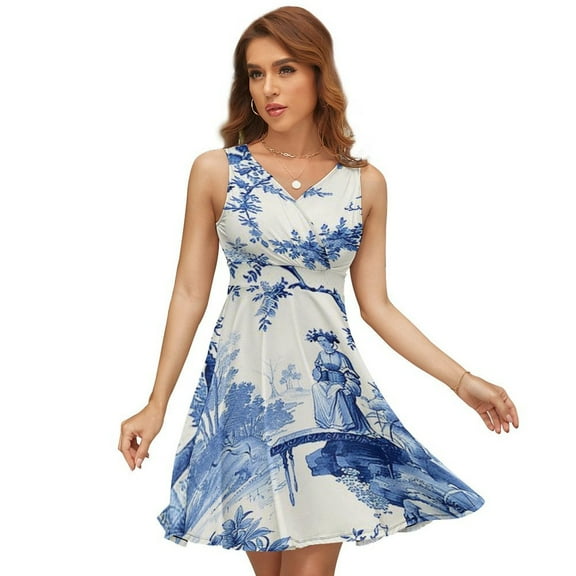 Blue Chinoiserie Toile Lady Dress Summer Street Style Dresses Female Sleeveless Printed Sundress