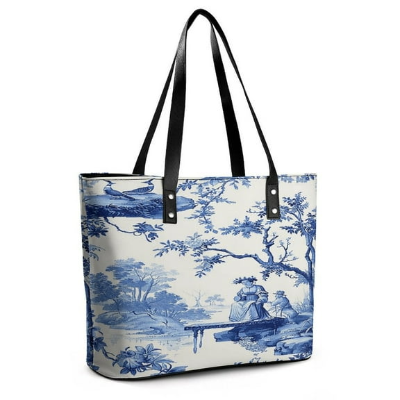 Blue Chinoiserie Toile Lady Woman Leather Handbags Large Tote Bag Fashion Portable Handbags With Zipper