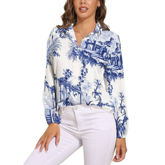 Blue Chinoiserie Toile Long Sleeve Blouse Woman Streetwear Casual Shirts Summer Oversize Woman Streetwear Clothing Birthday Present