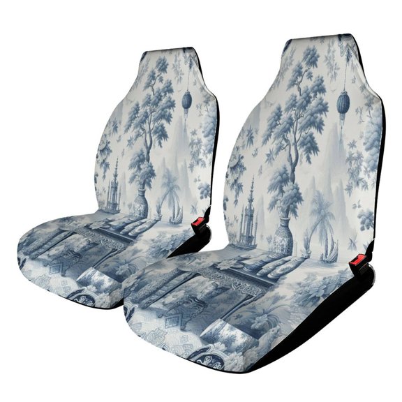 Blue Chinoiserie Toile Luxury Style Car Seat Covers Front Seats Universal Fit for Cars SUV Truck Auto Interior Accessories