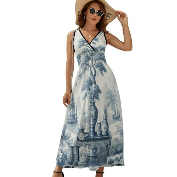Blue Chinoiserie Toile Luxury Style Sleeveless Dress Dresses Women Summer Evening Dresses Ladies Bohemia Long Dresses
