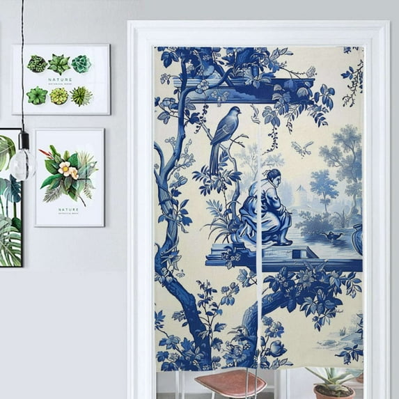 Blue Chinoiserie Toile Pattern Bird Tree Door Curtain Nordic Living Room DoorCurtain Porch Partition Curtain Kitchen Rative Half Curtain