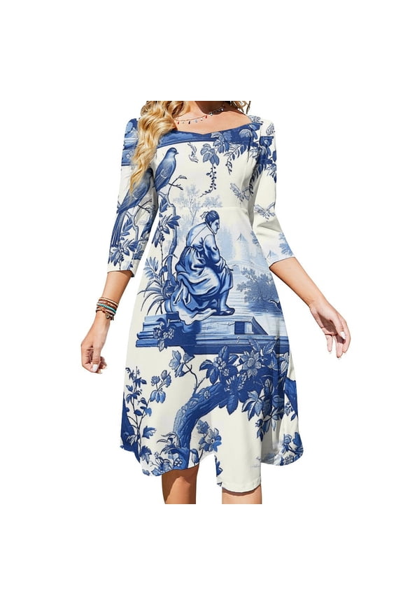 Blue Chinoiserie Toile Pattern Bird Tree Sweetheart Knot Flared Dress Fashion Design Large Size Loose Dress Spring Summer Women Dress