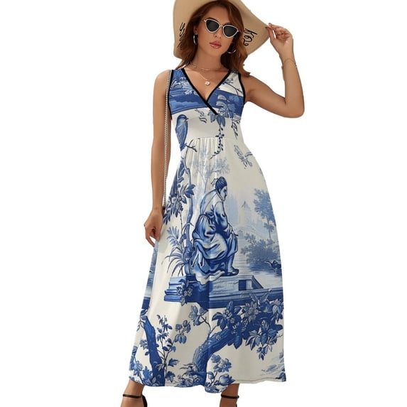 Blue Chinoiserie Toile Pattern Bird Tree Womens Night Club Maxi Dress V Neck Sleeveless Bohemia Long Dresses