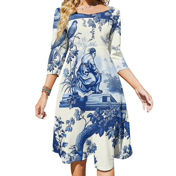 Blue Chinoiserie Toile Pattern Bird Tree Womens Summer Dress Tie Back A Line Flare Dress