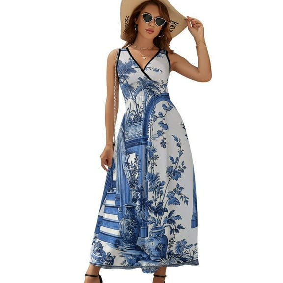 Blue Chinoiserie Toile Pattern Womens Night Club Maxi Dress V Neck Sleeveless Bohemia Long Dresses